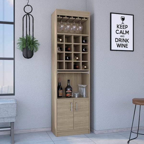 Beijing Kava Bar Cabinet, Double Door, Two Shelves, Sixteen Built-in Wine Rack, Light Pine